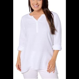 Susan Graver PURE Cotton Gauze Split-Neck Tunic White - Regular
